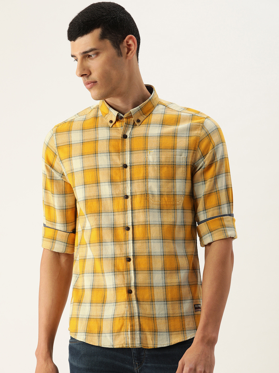 

Flying Machine Men Yellow & White Slim Fit Opaque Checked Casual Shirt