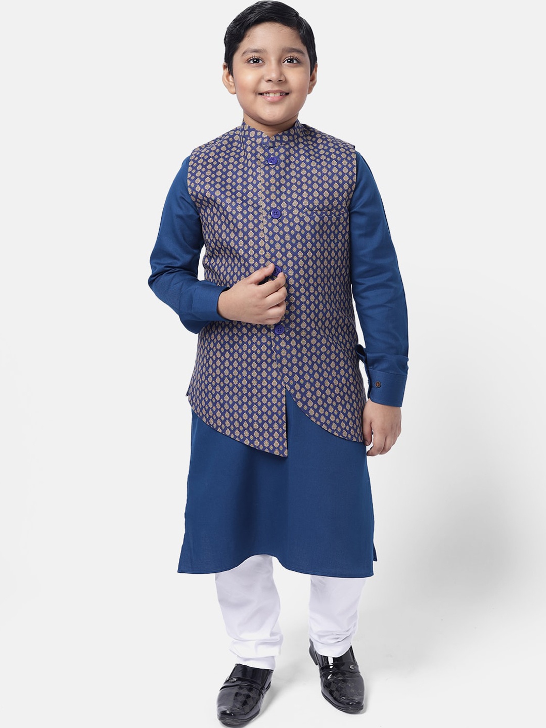 

NAMASKAR Boys Navy Blue Printed Regular Pure Cotton Kurta Churidar With Jacket