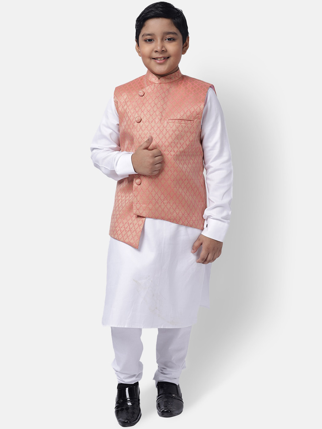 

NAMASKAR Boys White Regular Pure Cotton Kurta with Churidar & With Nehru Jacket