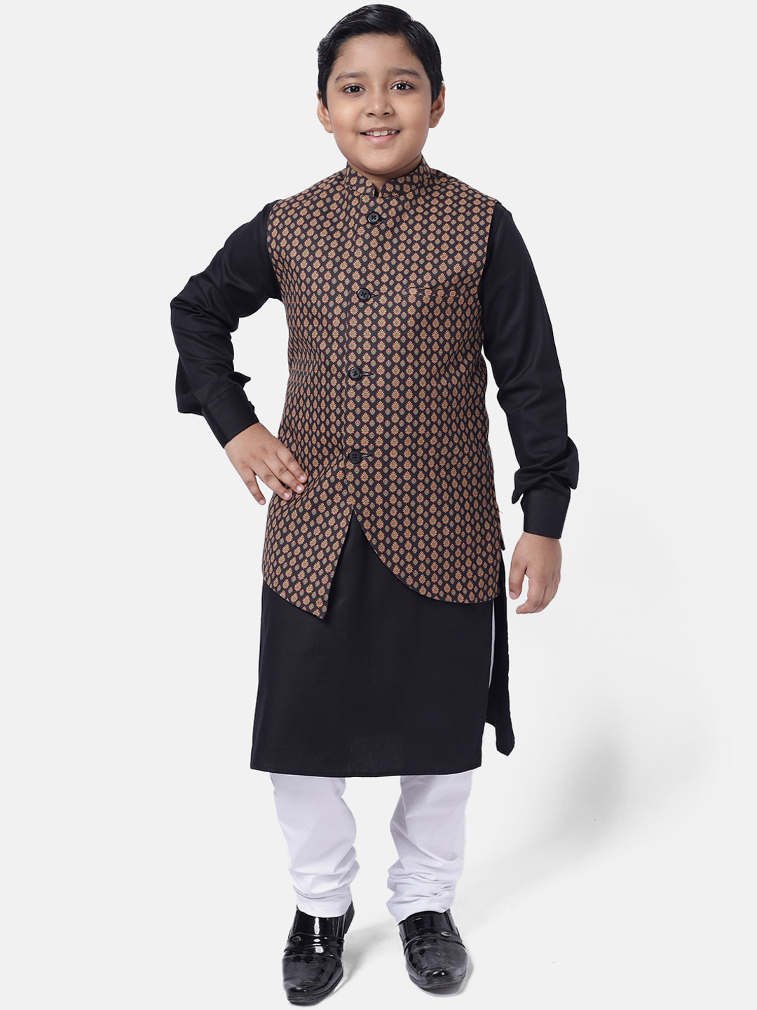 

NAMASKAR Boys Black Printed Regular Pure Cotton Kurta with Churidar & Nehru Jacket
