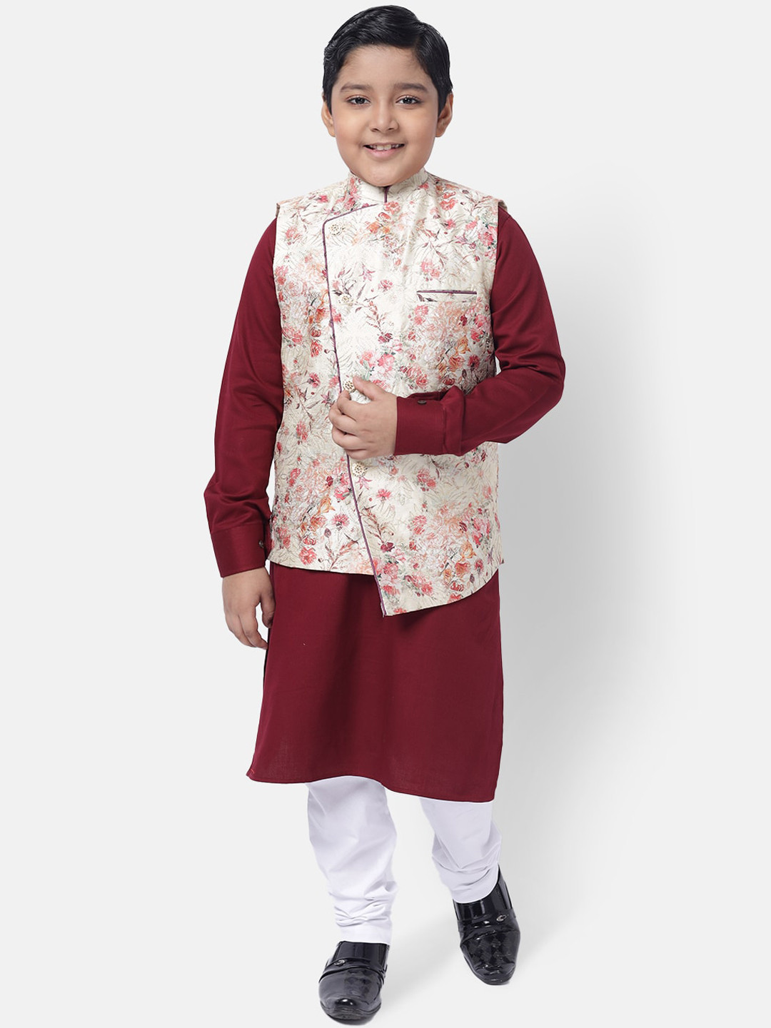 

NAMASKAR Boys Maroon Floral Printed Kurta with Churidar & Nehru Jacket