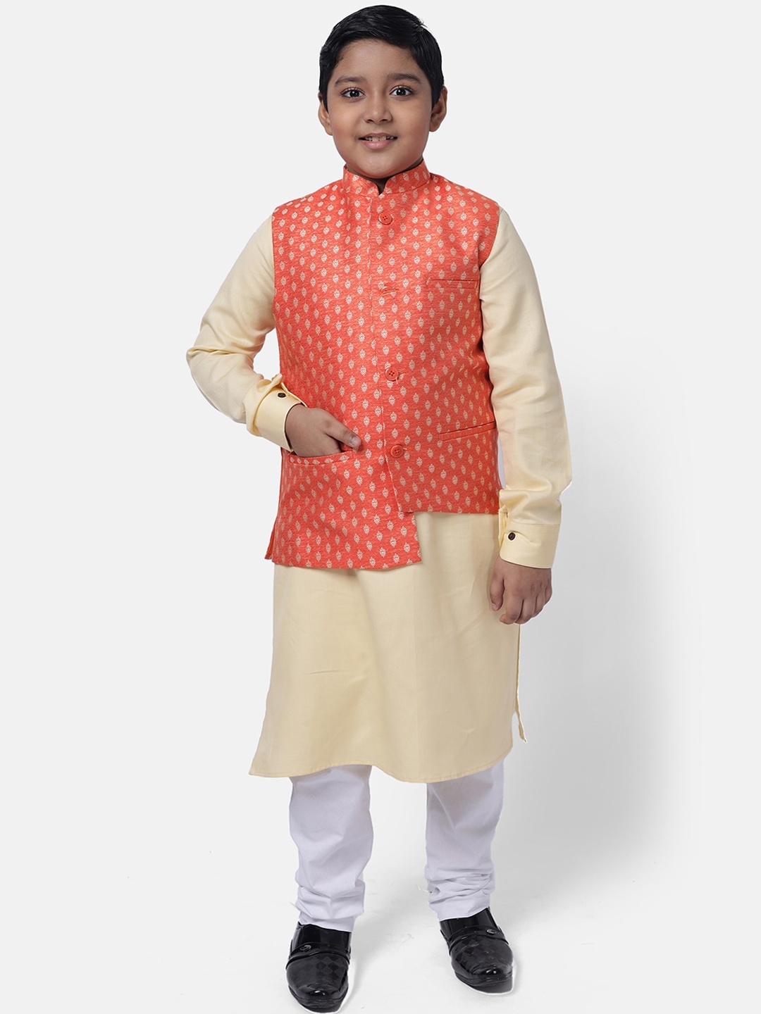 

NAMASKAR Boys Cream-Coloured & Orange Pure Cotton Kurta with Churidar & Nehru Jacket