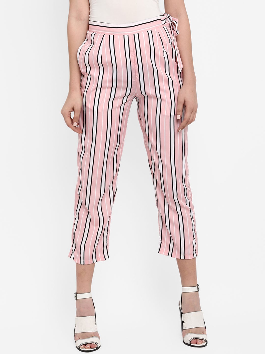 

Indietoga Women Pink Striped High-Rise Easy Wash Culottes Trousers