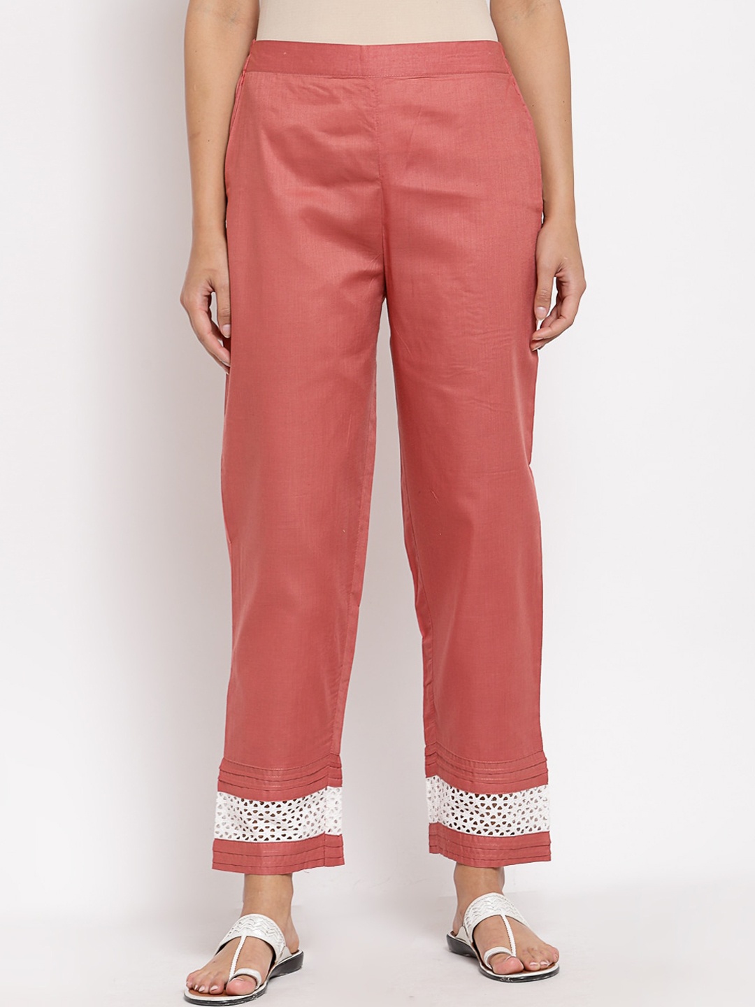 

Myshka Women Pink & White Self Design Regular Fit Parallel