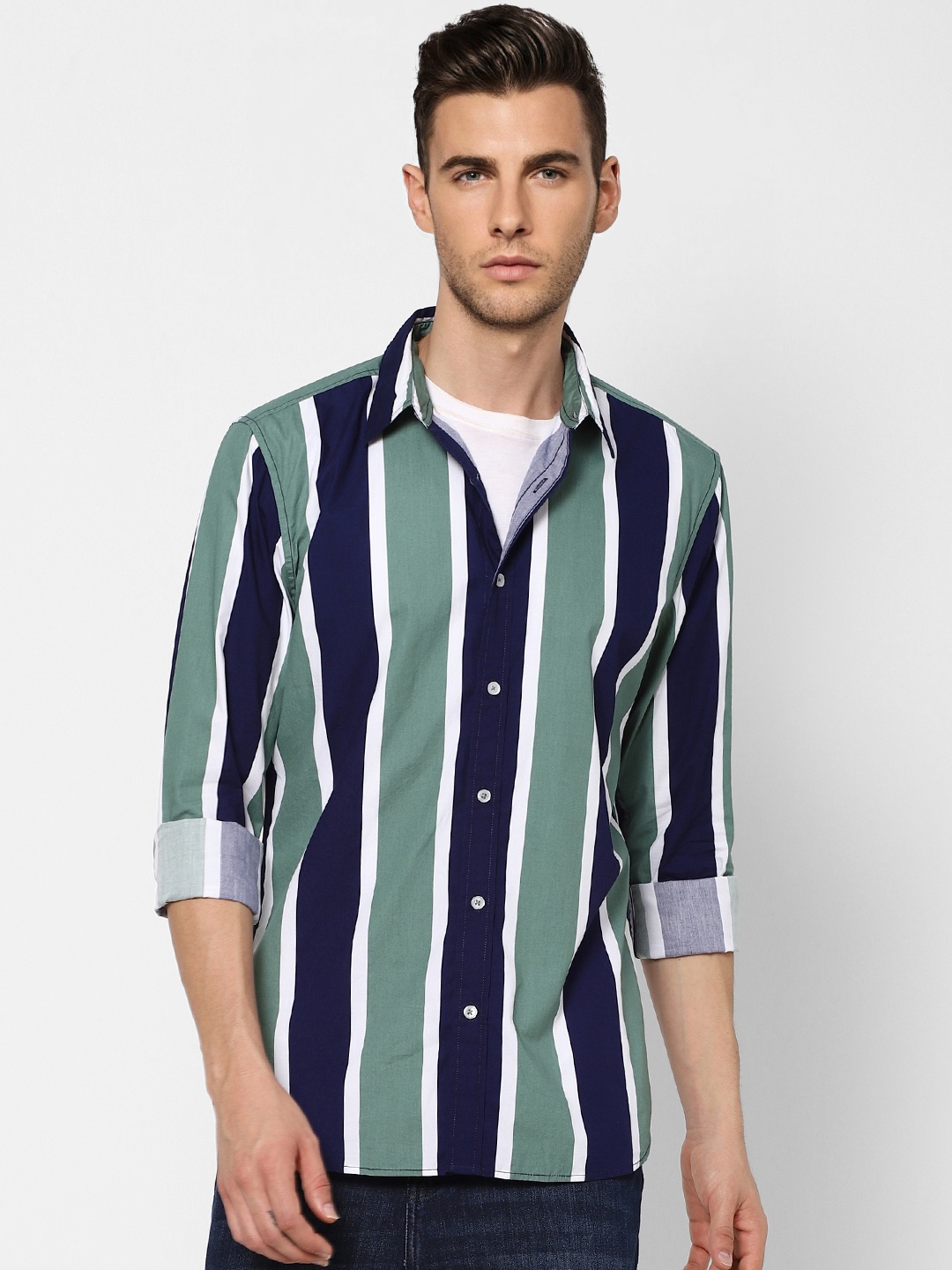 

Jack & Jones Men Green Slim Fit Striped Cotton Casual Shirt