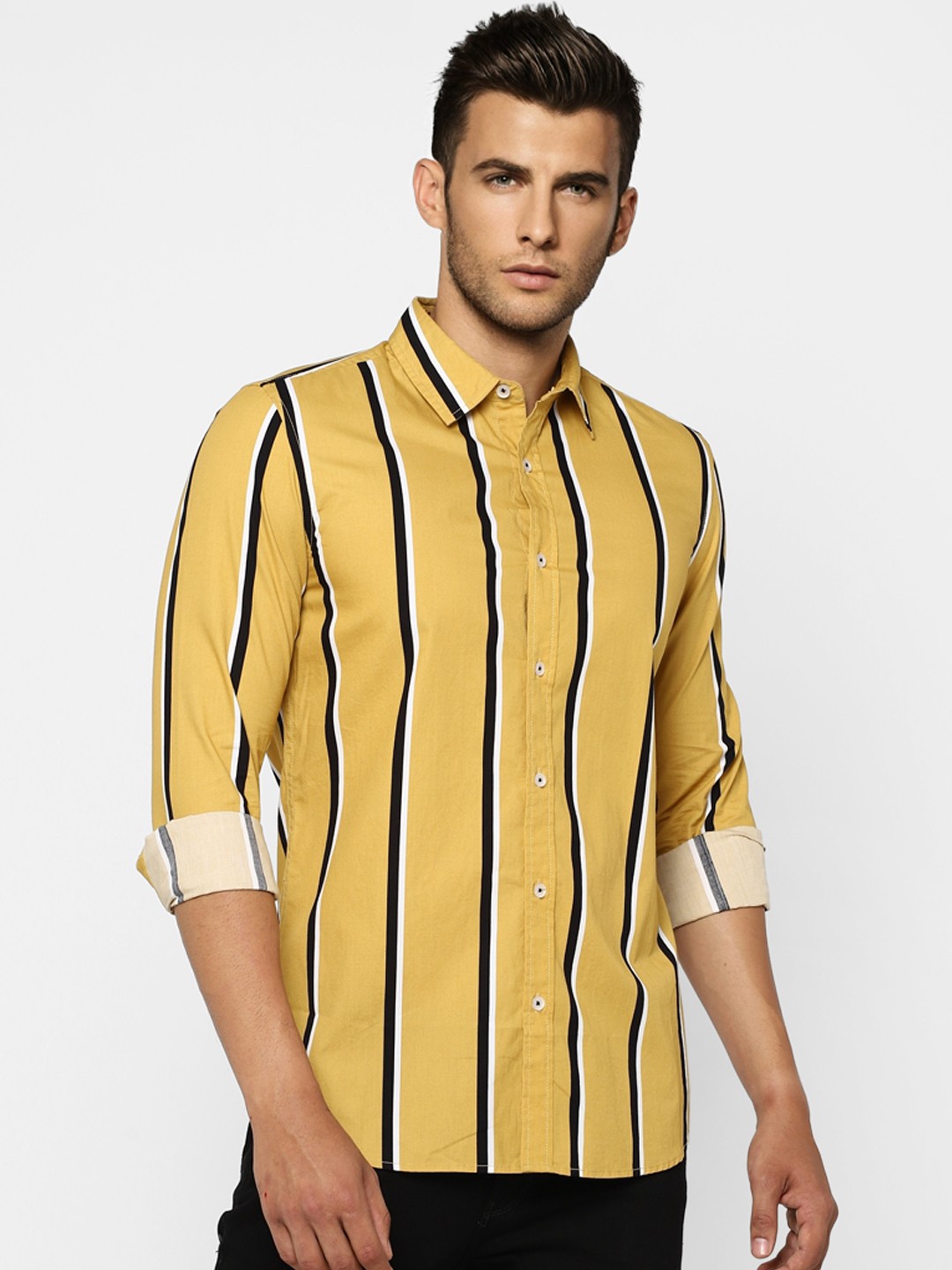 

Jack & Jones Men Yellow Slim Fit Striped Cotton Casual Shirt