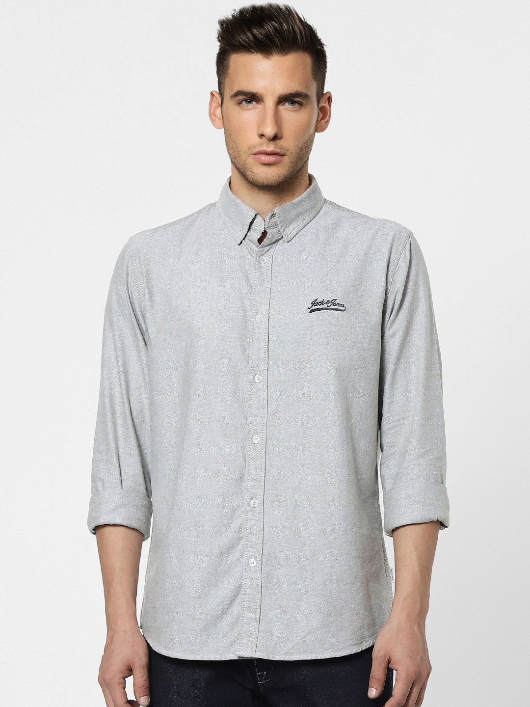 

Jack & Jones Men Grey Solid Slim Fit Cotton Casual Shirt
