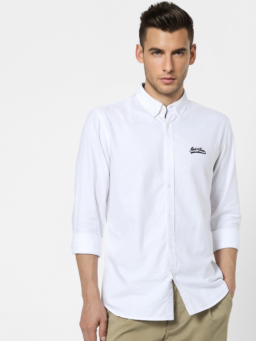 

Jack & Jones Men White Slim Fit Solid Cotton Casual Shirt