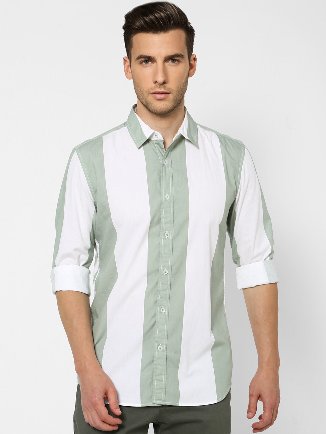 

Jack & Jones Men Green & White Slim Fit Opaque Colourblocked Casual Shirt