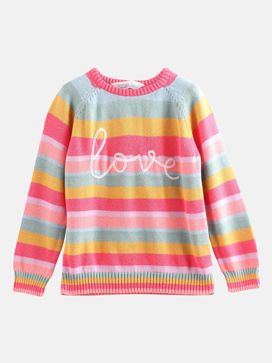 

Beebay Girls Multicoloured Striped Pullover with Embroidered Detail, Multi
