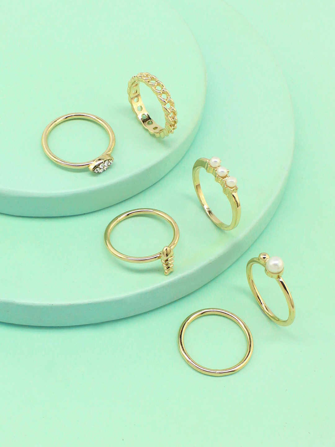 

Runway Ritual Set Of 6 Gold-Plated Off White Pearl Beaded Stackable Finger Rings