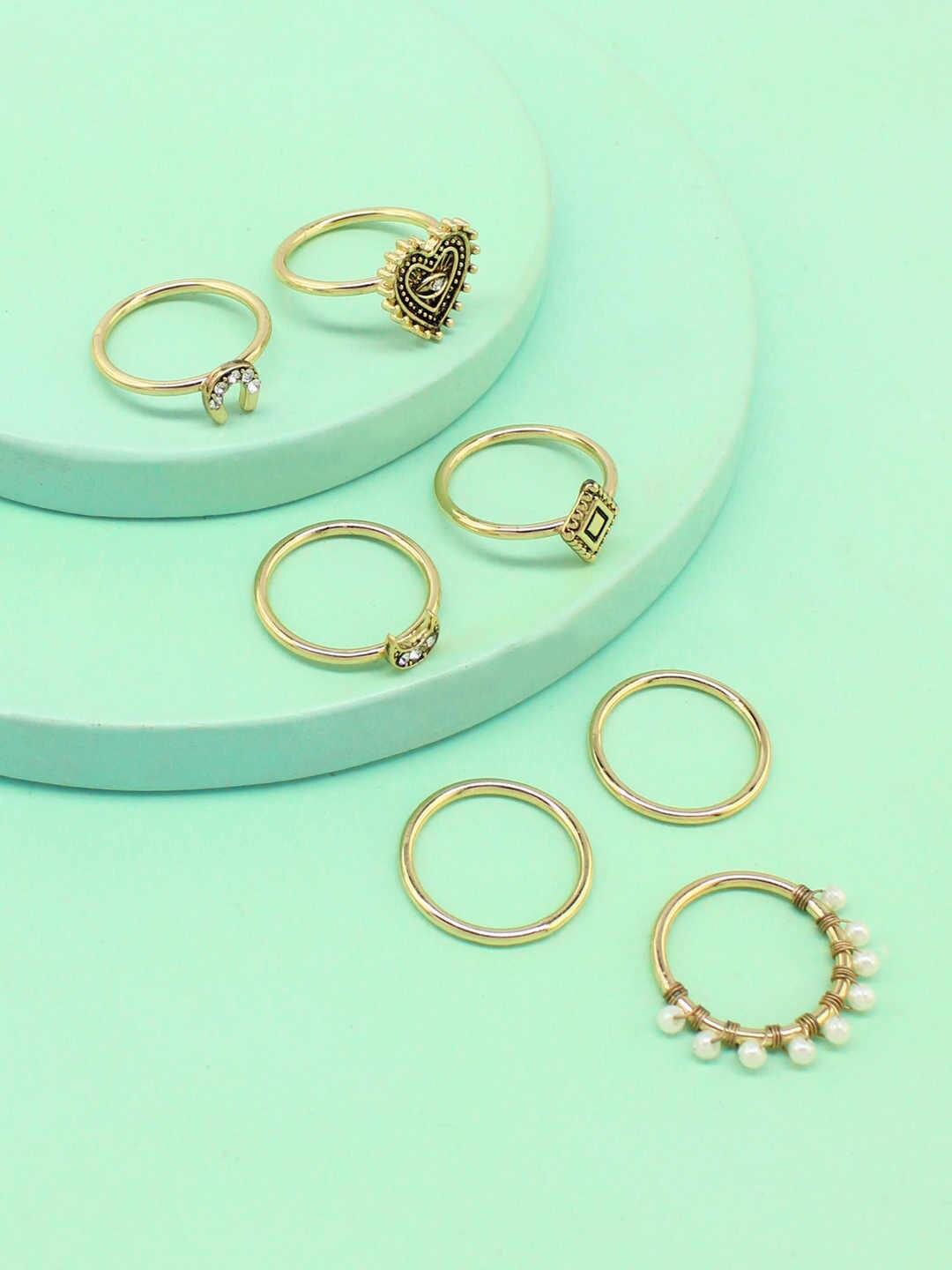 

Runway Ritual Women Set Of 7 Gold-Plated & Off-White Heart & Moon Finger Rings