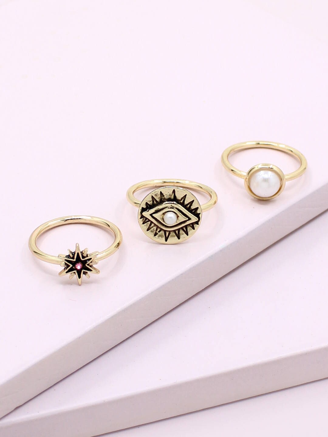 

Set of 3 Gold Plated Off White Stone-Studded Finger Rings