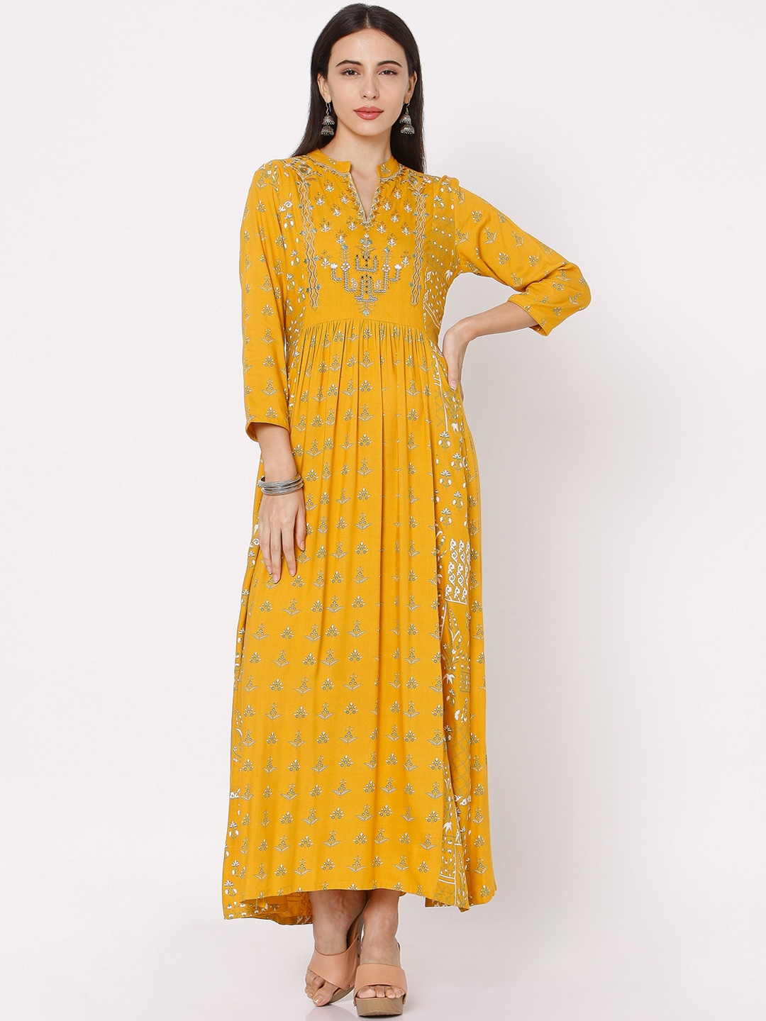 

Ojas Designs Women Mustard Yellow & White Ethnic Motifs Printed Mandarin Collar Maxi Dress