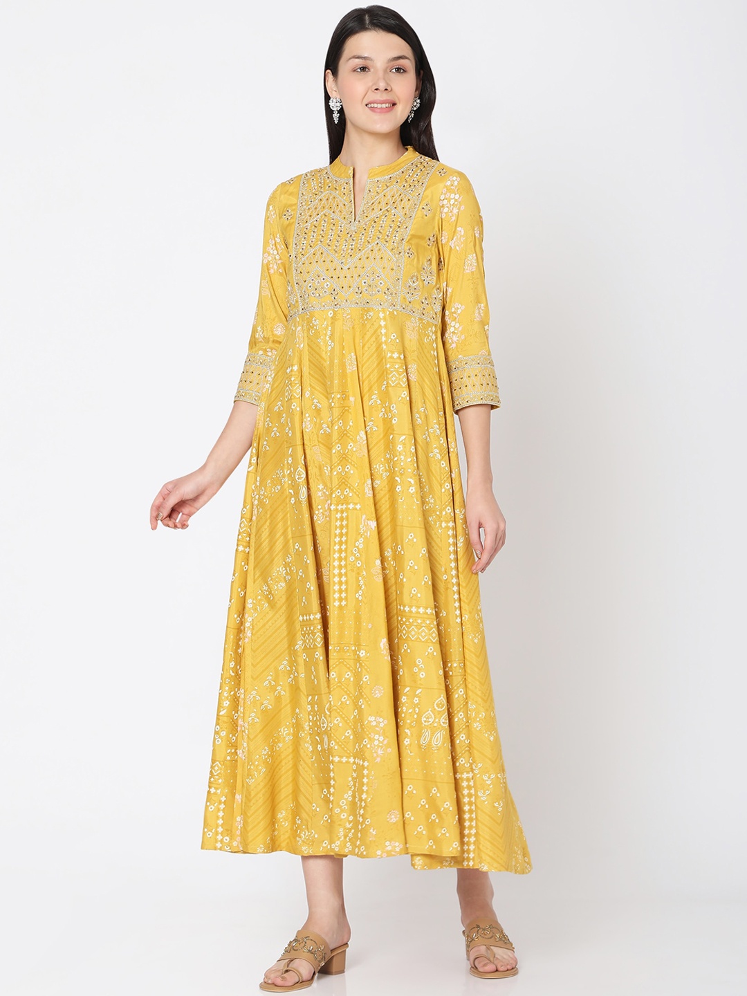 

Ojas Designs Women Yellow & White Floral Motifs Printed Mandarin Collar Silk Midi Dress