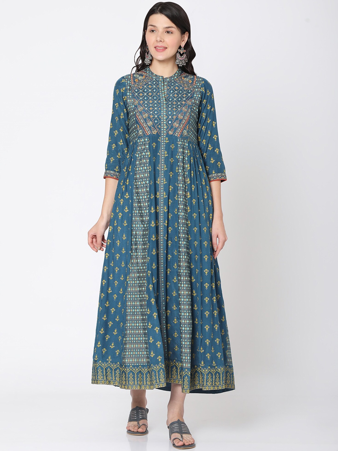 

Ojas Designs Women Blue & Yellow Ethnic Motifs Printed Mandarin Collar A-Line Maxi Dress