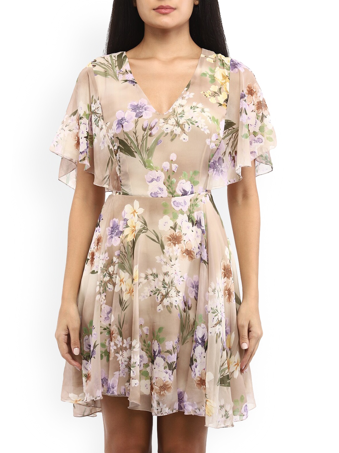 

Rinascimento Cream-Coloured & Green Floral Printed Flutter Sleeves Mini Dress