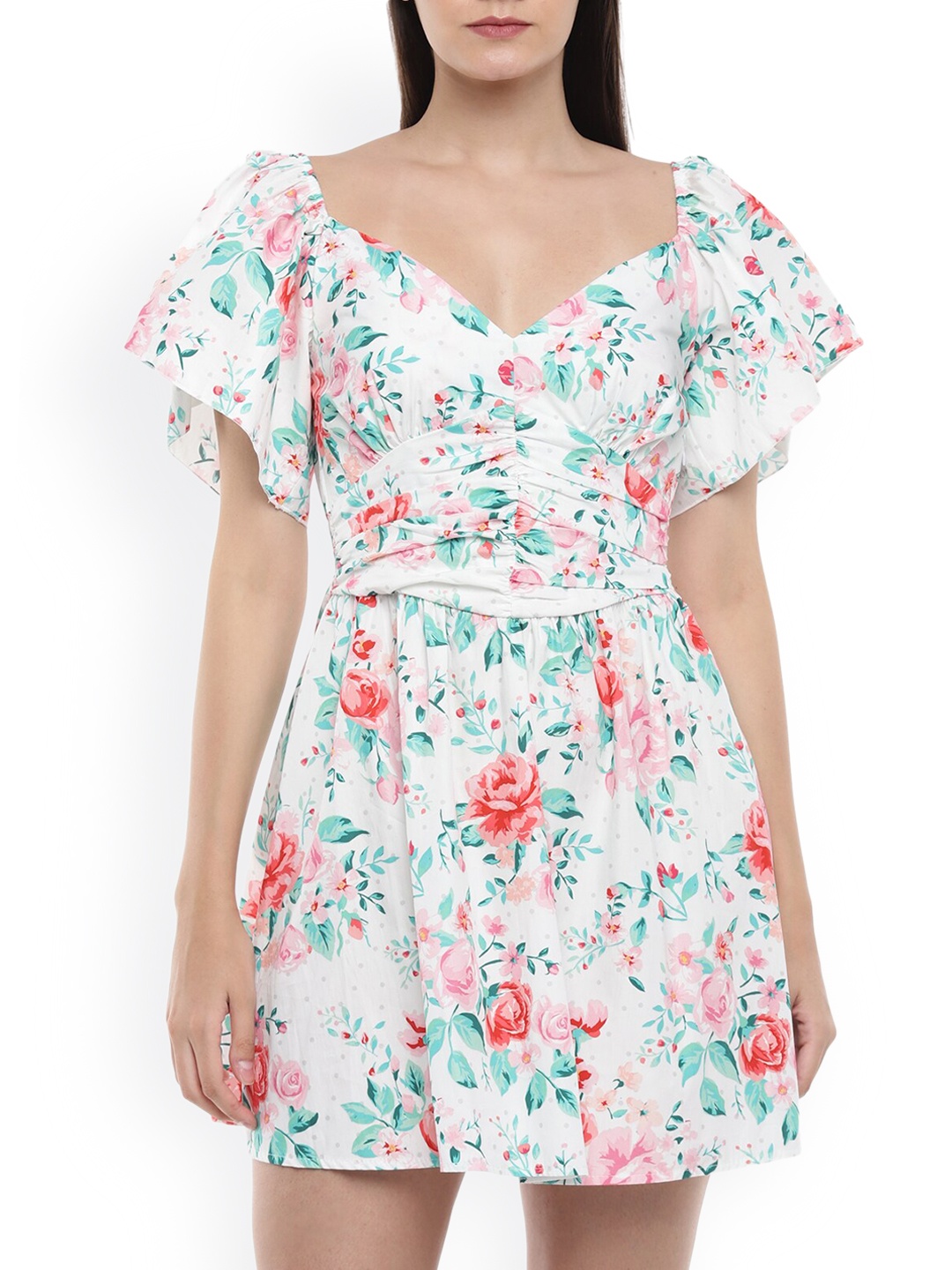 

Rinascimento White & Red Floral Printed Mini Fit & Flare Dress With Gathered Detailing