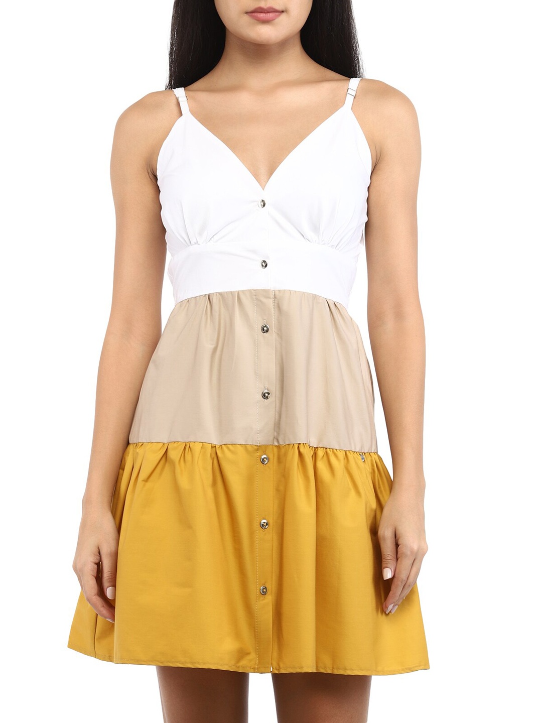 

Rinascimento White & Mustard Yellow Tiered Colourblocked Mini Dress