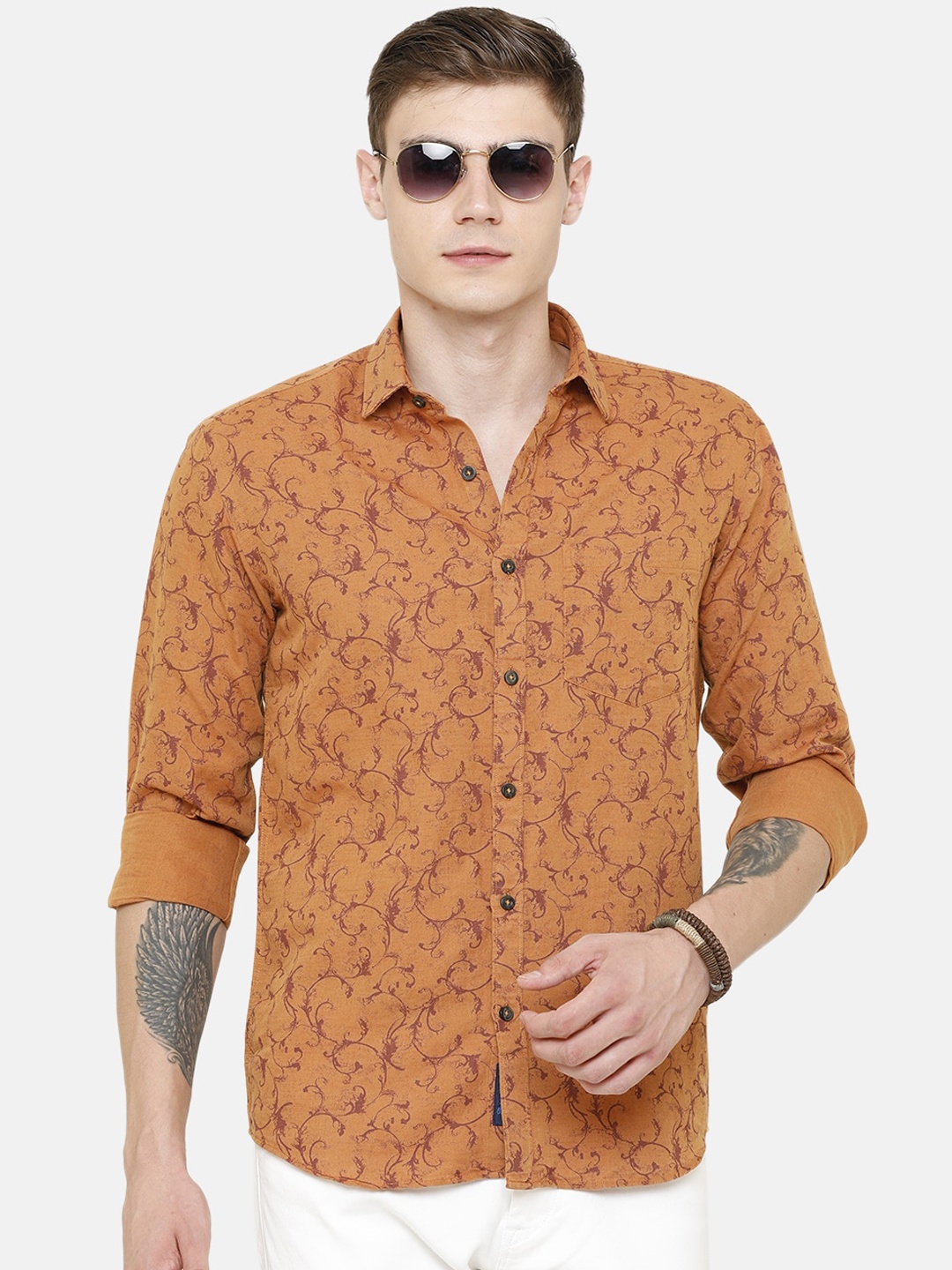 

CAVALLO by Linen Club Men Mustard Linen Cotton Floral Opaque Printed Casual Shirt