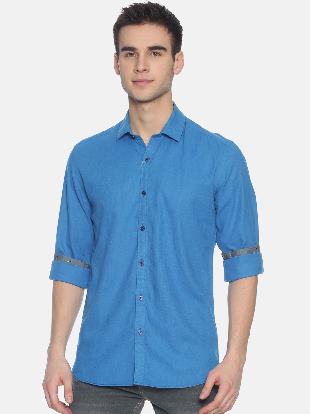 

CAVALLO by Linen Club Men Blue Solid Cotton-Linen Regular Fit Casual Shirt