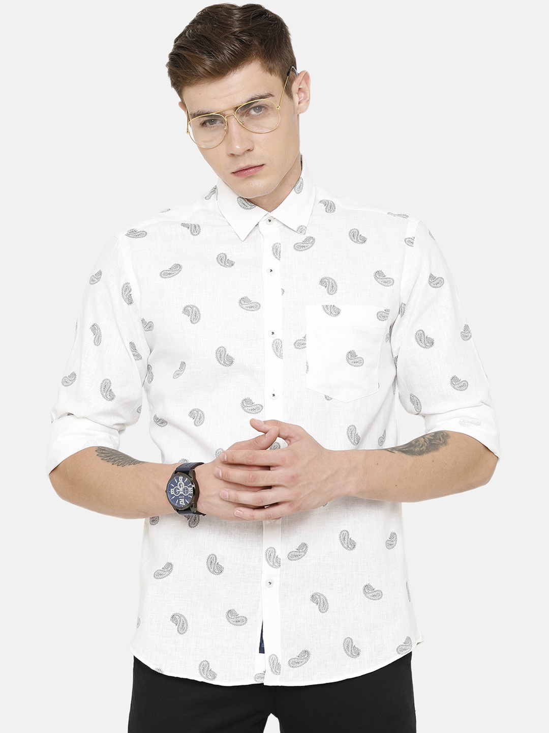 

CAVALLO by Linen Club Men White Opaque Printed Casual Shirt