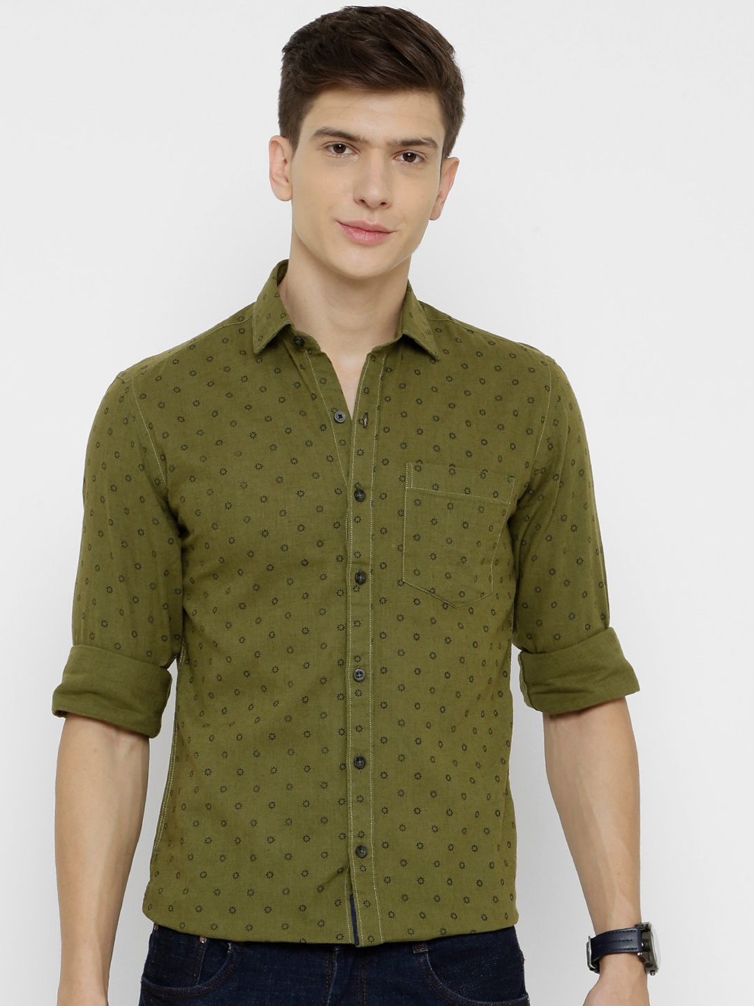 

CAVALLO by Linen Club Men Olive Green Printed Linen Cotton Casual Shirt