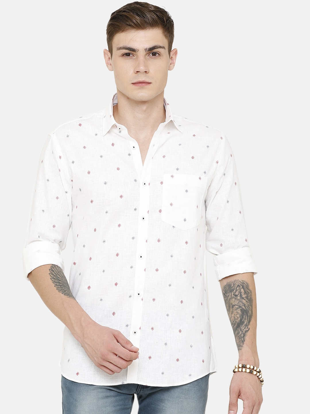 

CAVALLO by Linen Club Men White Opaque Printed Linen Cotton Casual Shirt