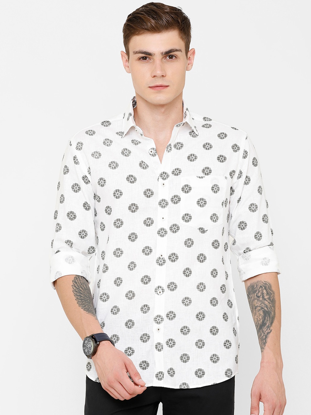 

CAVALLO by Linen Club Men White Printed Linen Cotton Casual Shirt