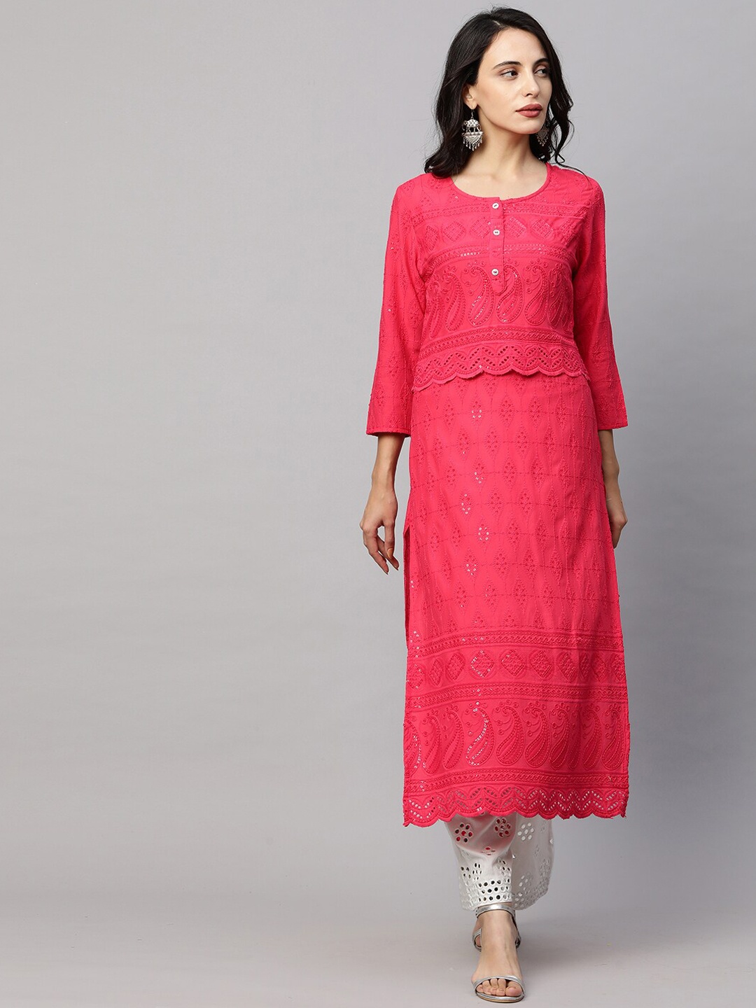 

FASHOR Women Pink & Silver-Toned Ethnic Motifs Chikankari Straight Kurta