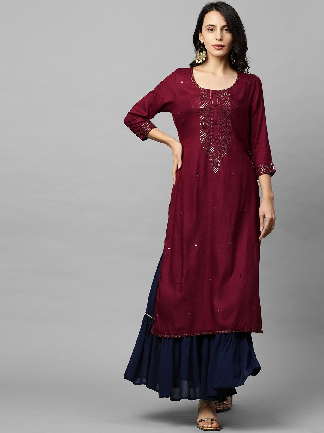 

FASHOR Burgundy Yoke Design Embellished Kurta