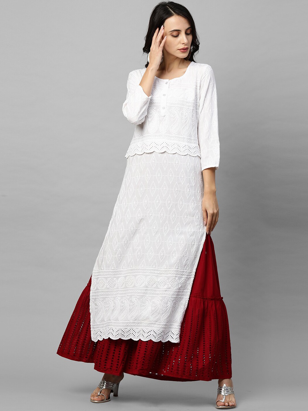 

FASHOR Women White Ethnic Motifs Chikankari Straight Kurta With 2-Ply Mask