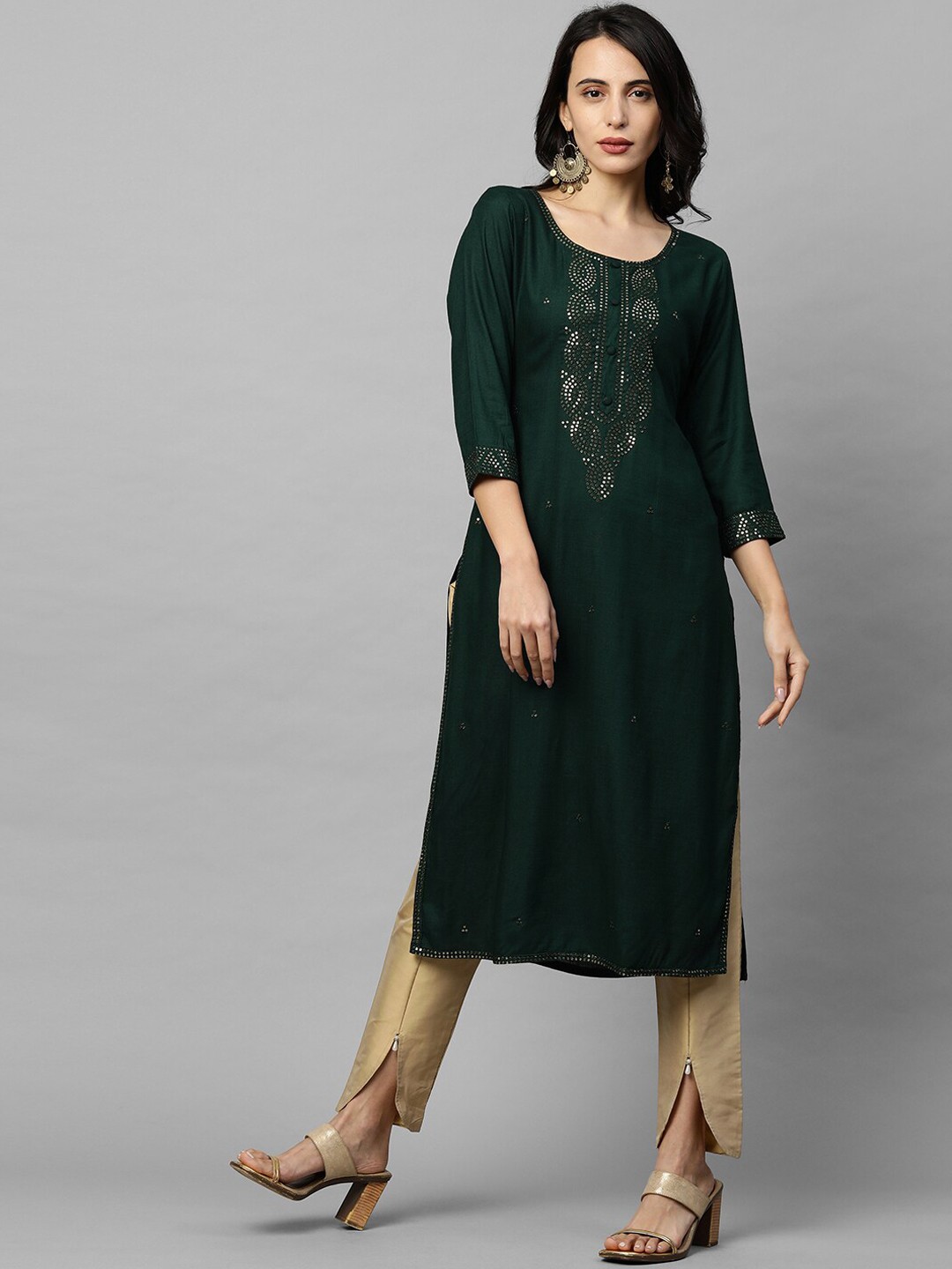 

FASHOR Women Green & Gold-Toned Yoke Design Straight Kurta