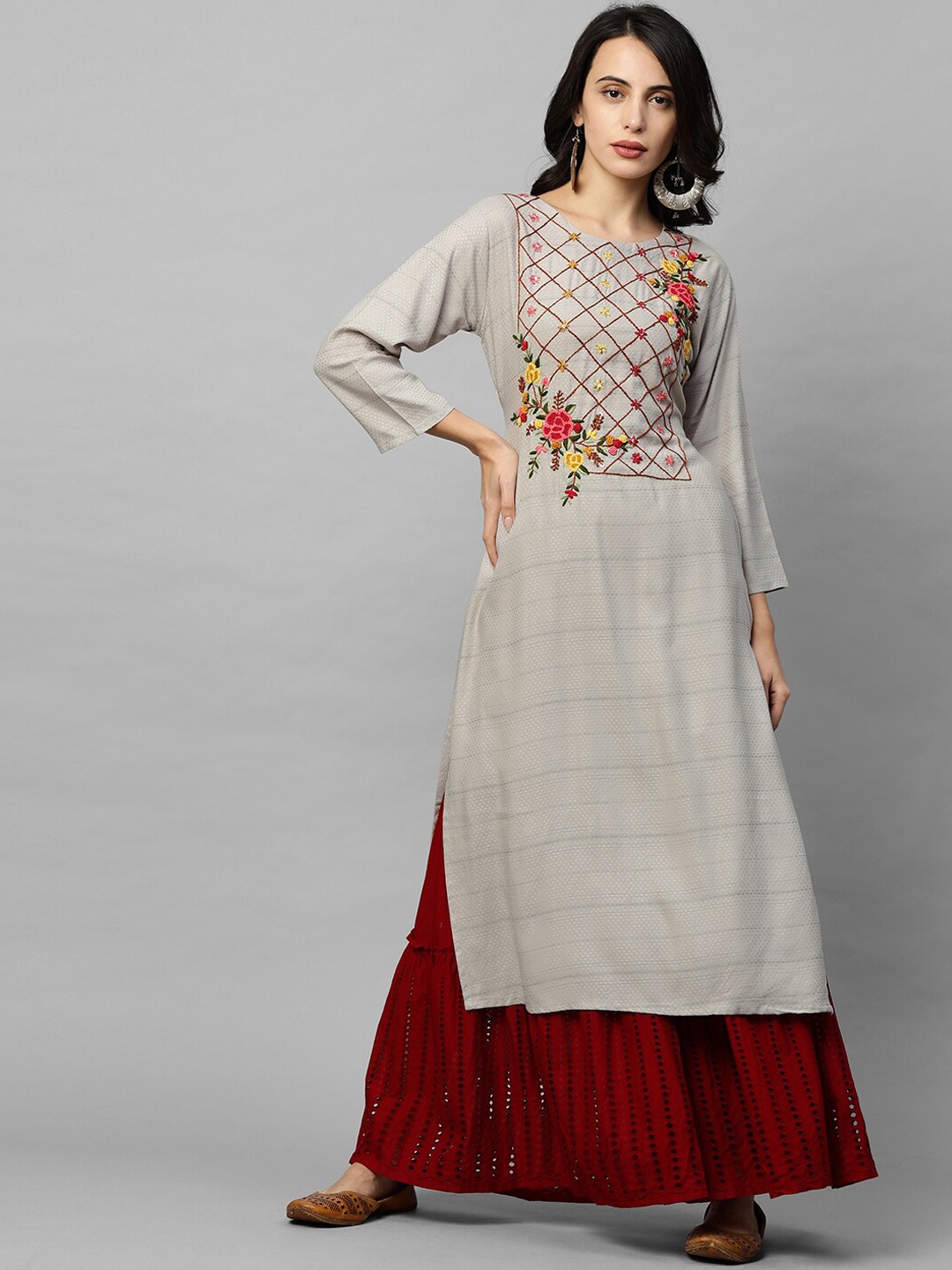 

FASHOR Women Grey & Maroon Yoke Design Thread Work Straight Kurta
