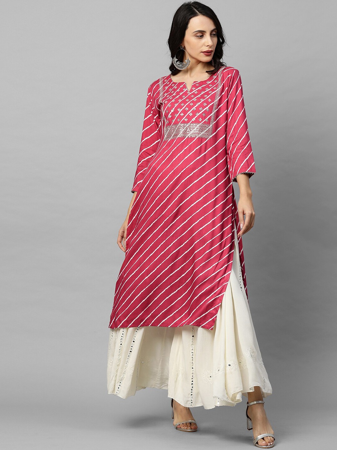 

FASHOR Women Pink & White Yoke Design Thread Work Straight Kurta