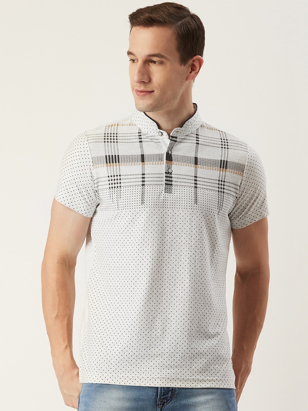 

CONFIDENCE Men White & Black Printed Mandarin Collar Cotton T-shirt