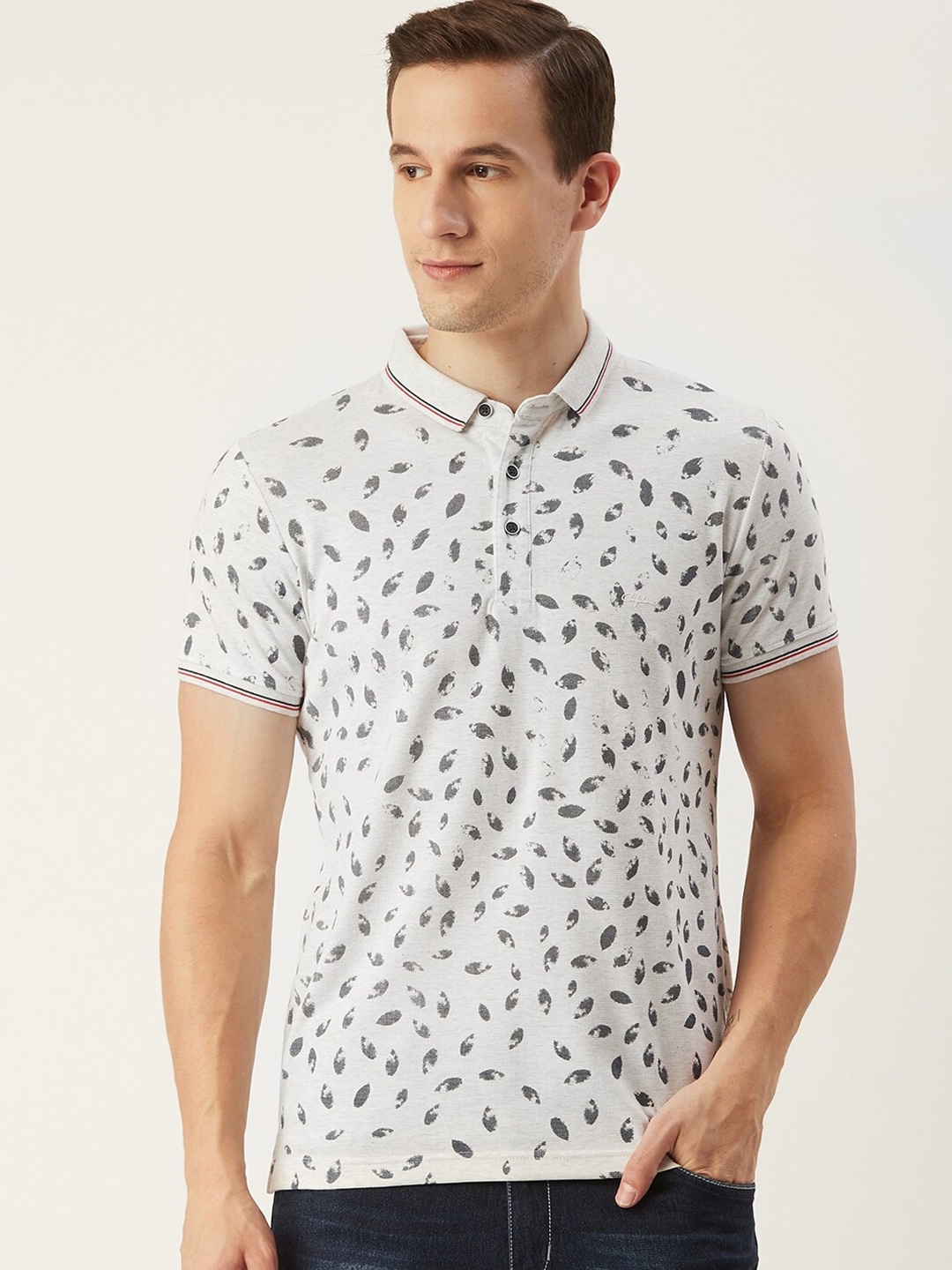 

CONFIDENCE Men White & Grey Printed Polo Collar T-shirt