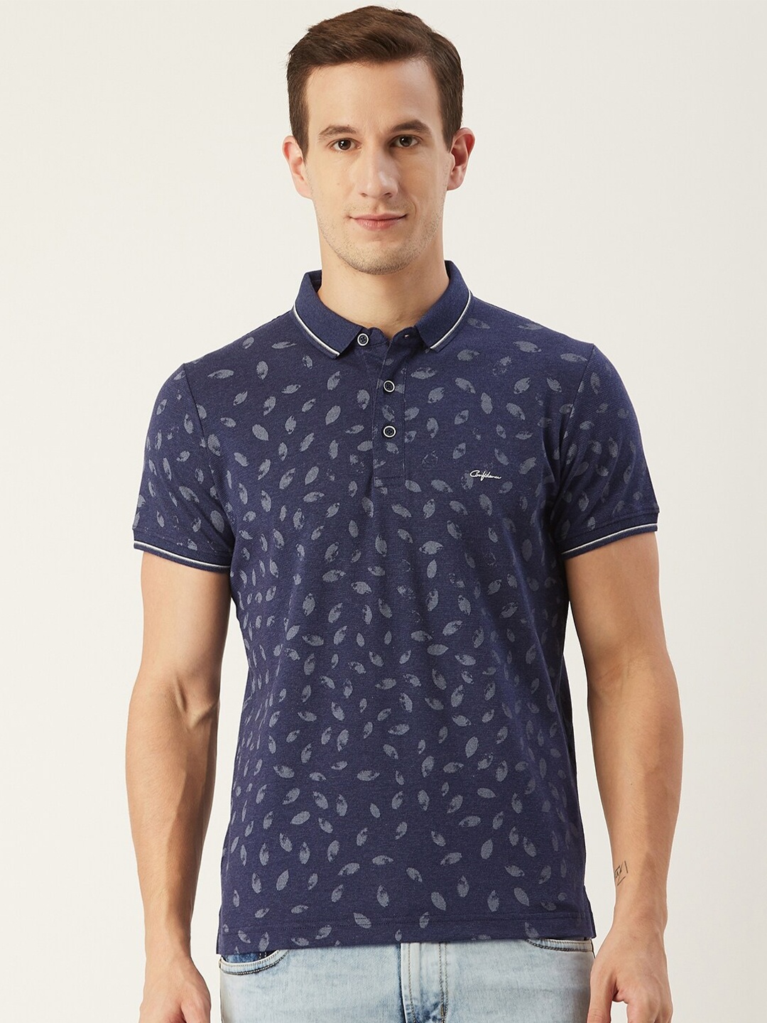 

CONFIDENCE Men Blue & Grey Printed Polo Collar Cotton T-shirt