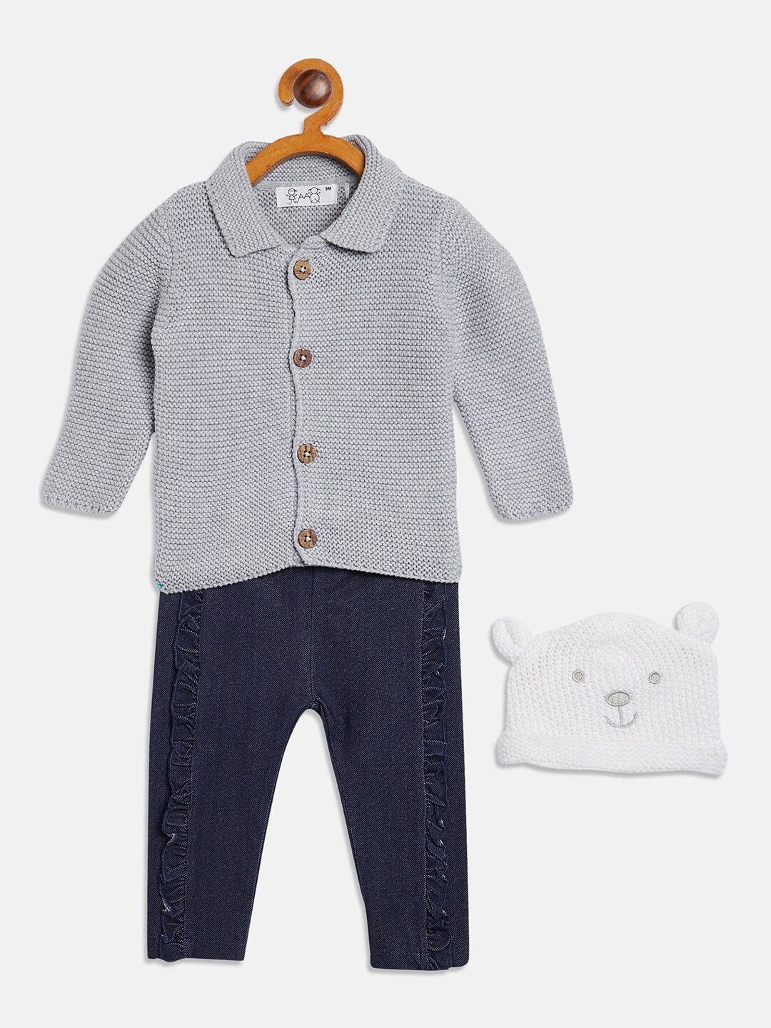 

JWAAQ Girls Navy Blue & Grey Pure wool Shirt with Trousers with a Beanie Cap