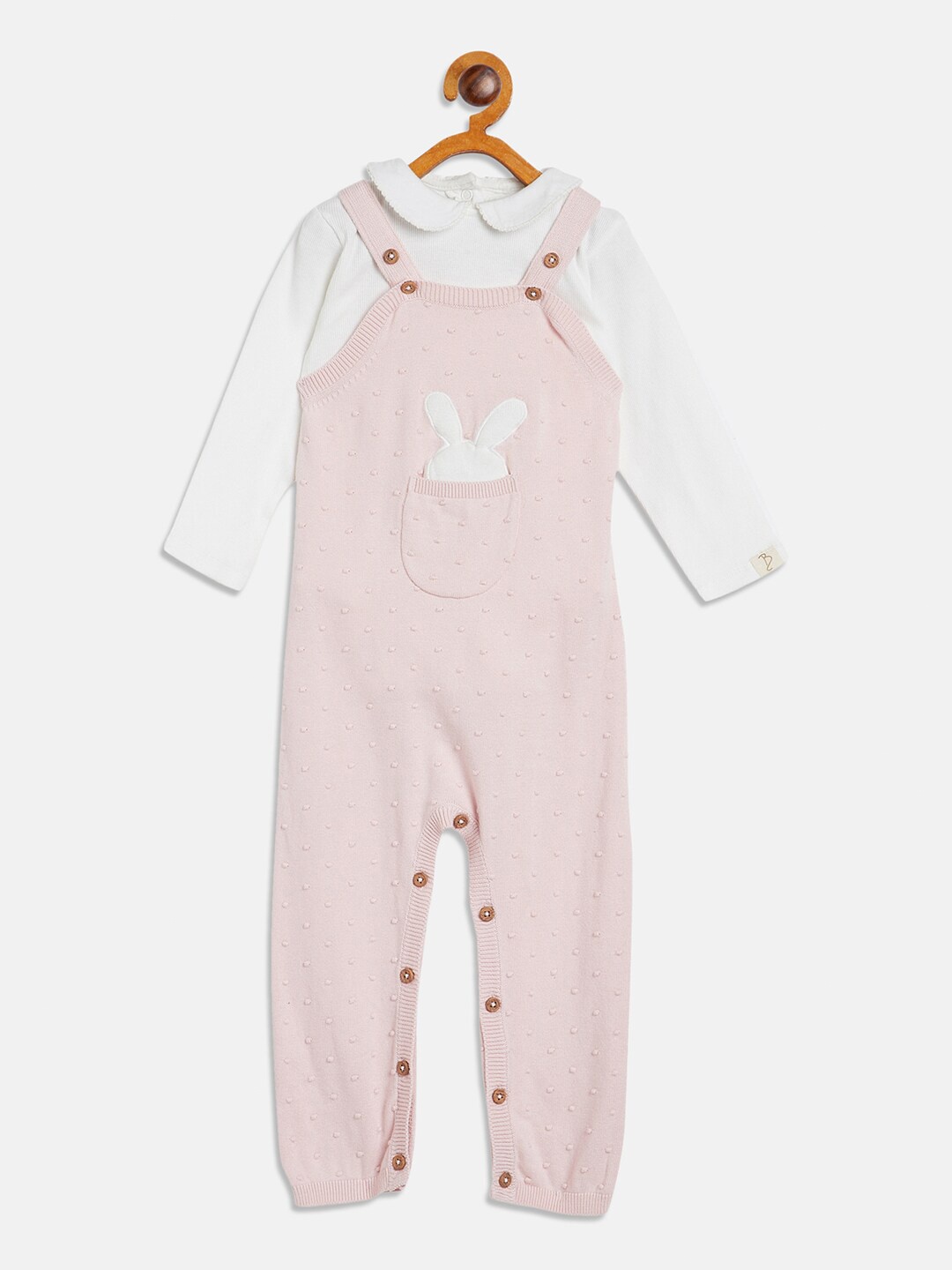 

JWAAQ Girls Peach-Coloured & White Pure Wool Top with Self Design Suspender