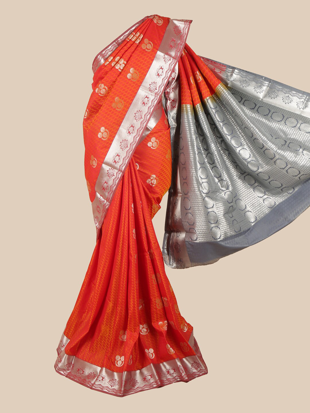 

Pothys Orange & Grey Floral Woven Design Zari Saree