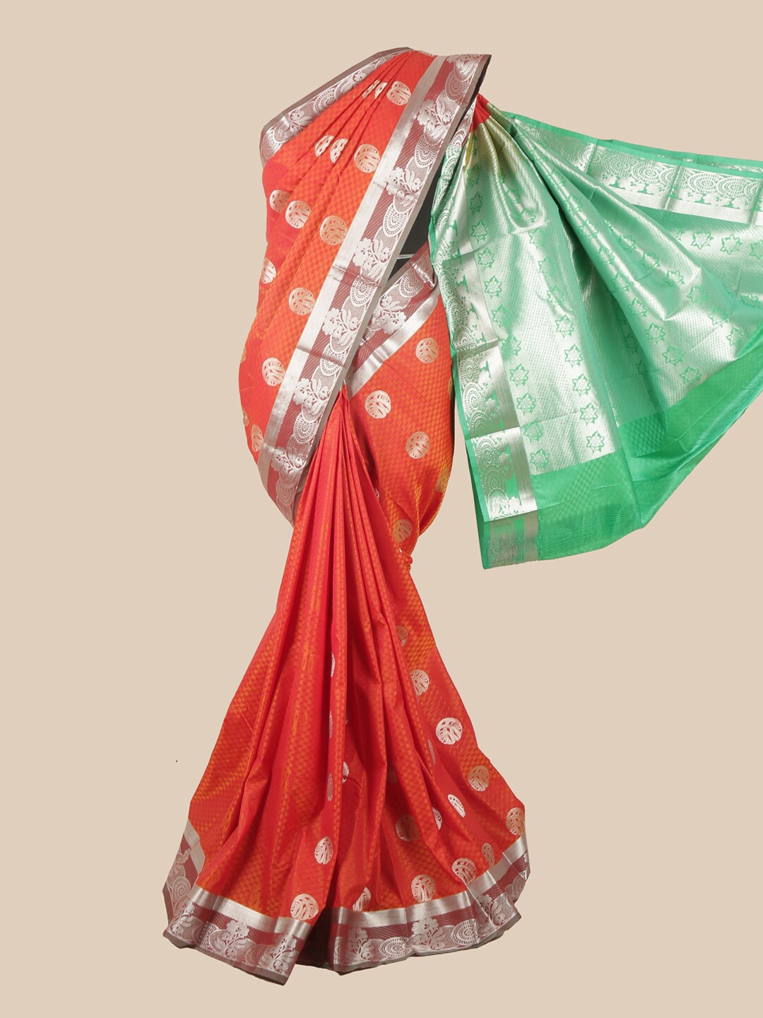 

Pothys Orange & Green Floral Woven Design Zari Saree