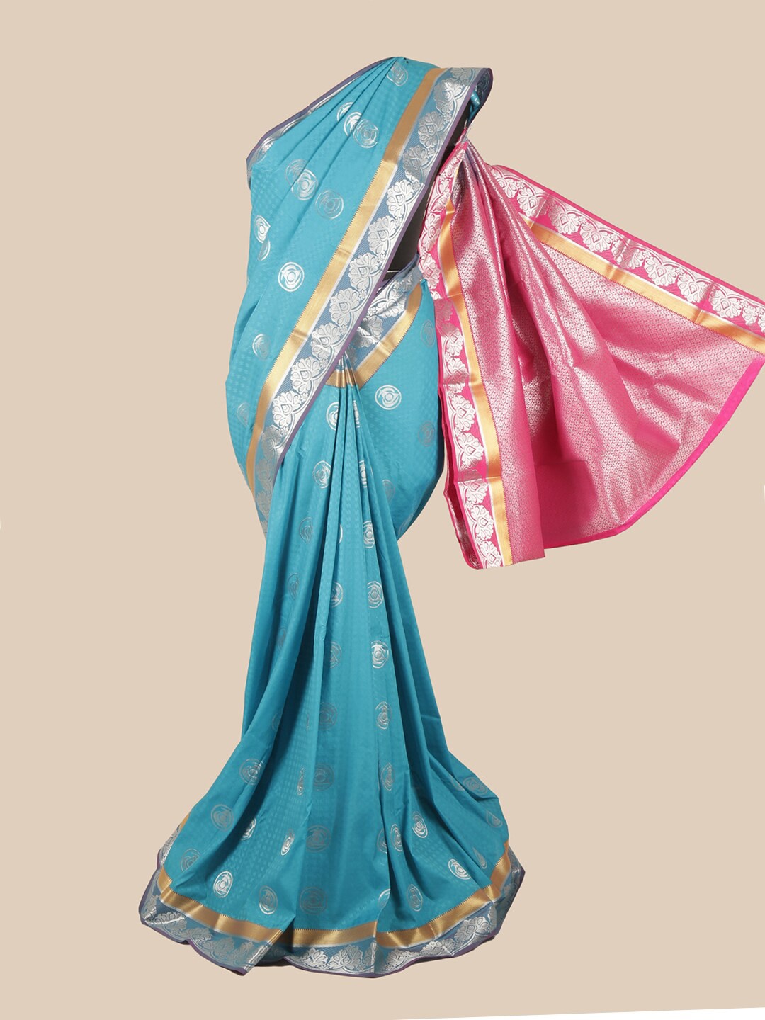 

Pothys Blue & Silver-Toned Ethnic Motifs Zari Saree