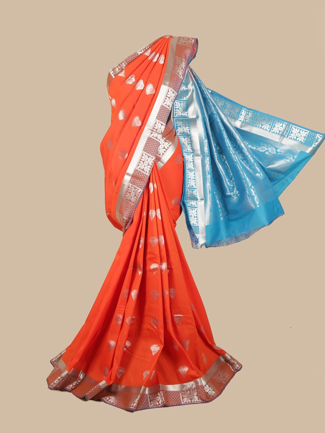 

Pothys Orange & Turquoise Blue Ethnic Motifs Zari Saree