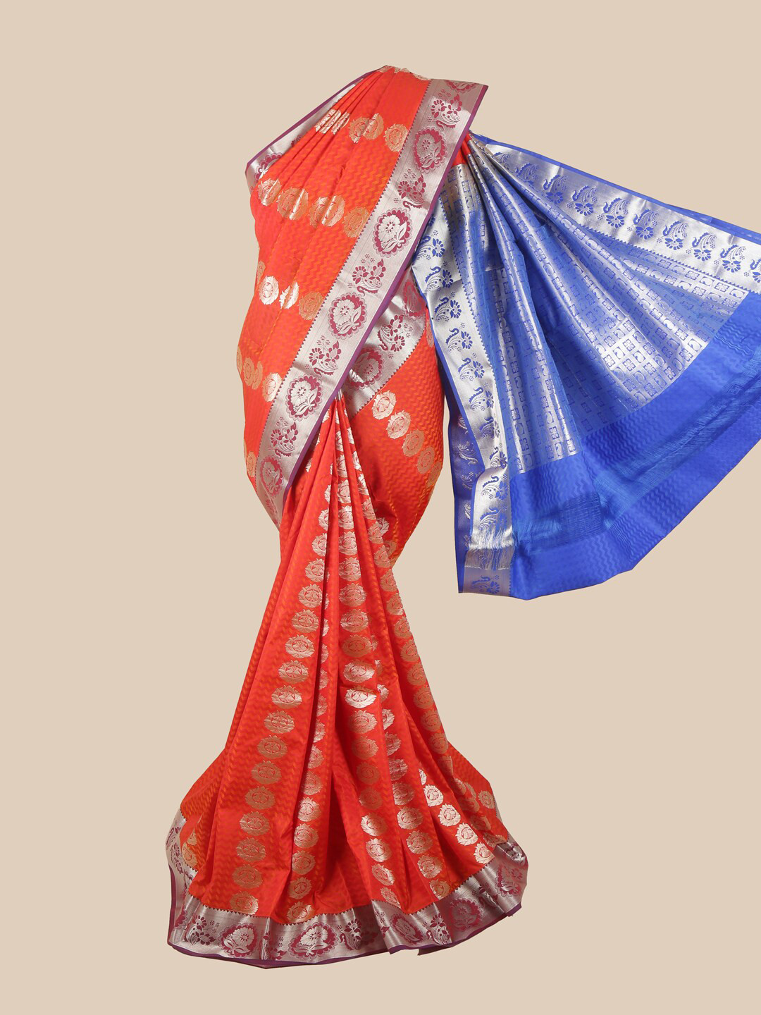

Pothys Red & Silver-Toned Floral Zari Saree
