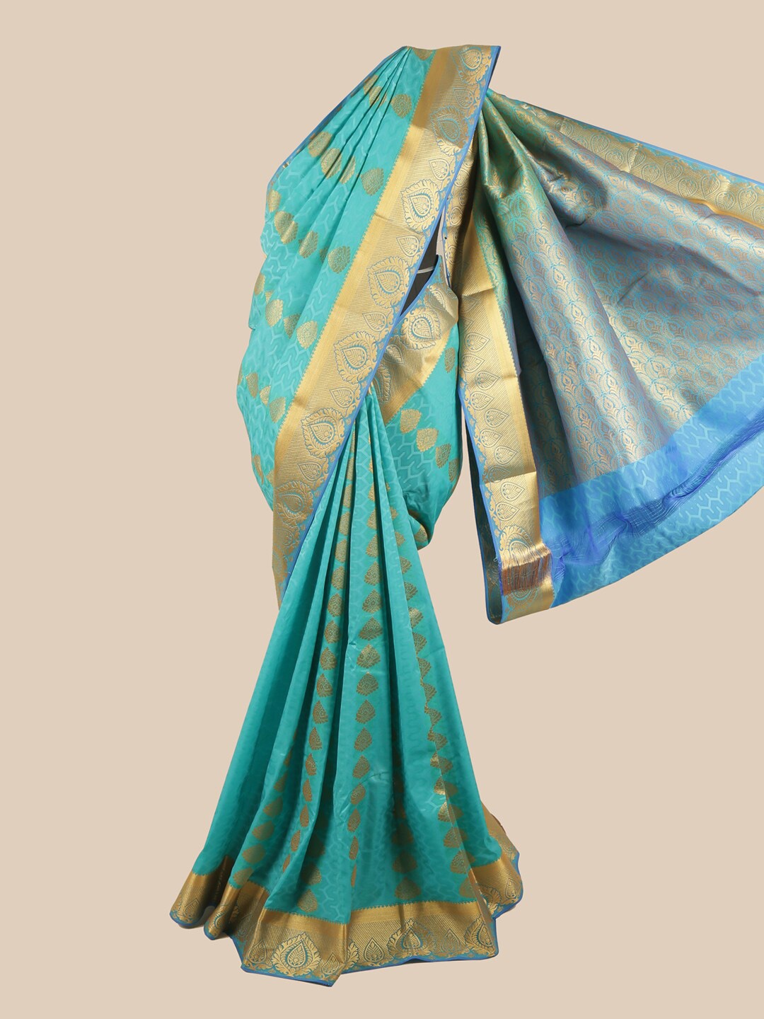 

Pothys Turquoise Blue & Gold-Toned Floral Zari Saree