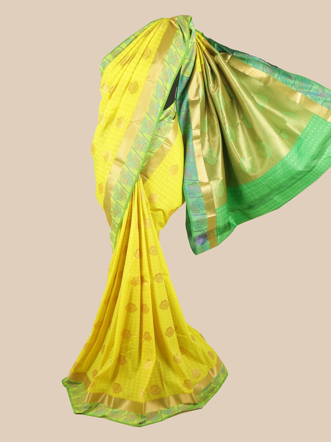 

Pothys Green & Yellow Silk Blend Ethnic Motifs Woven Designed Saree