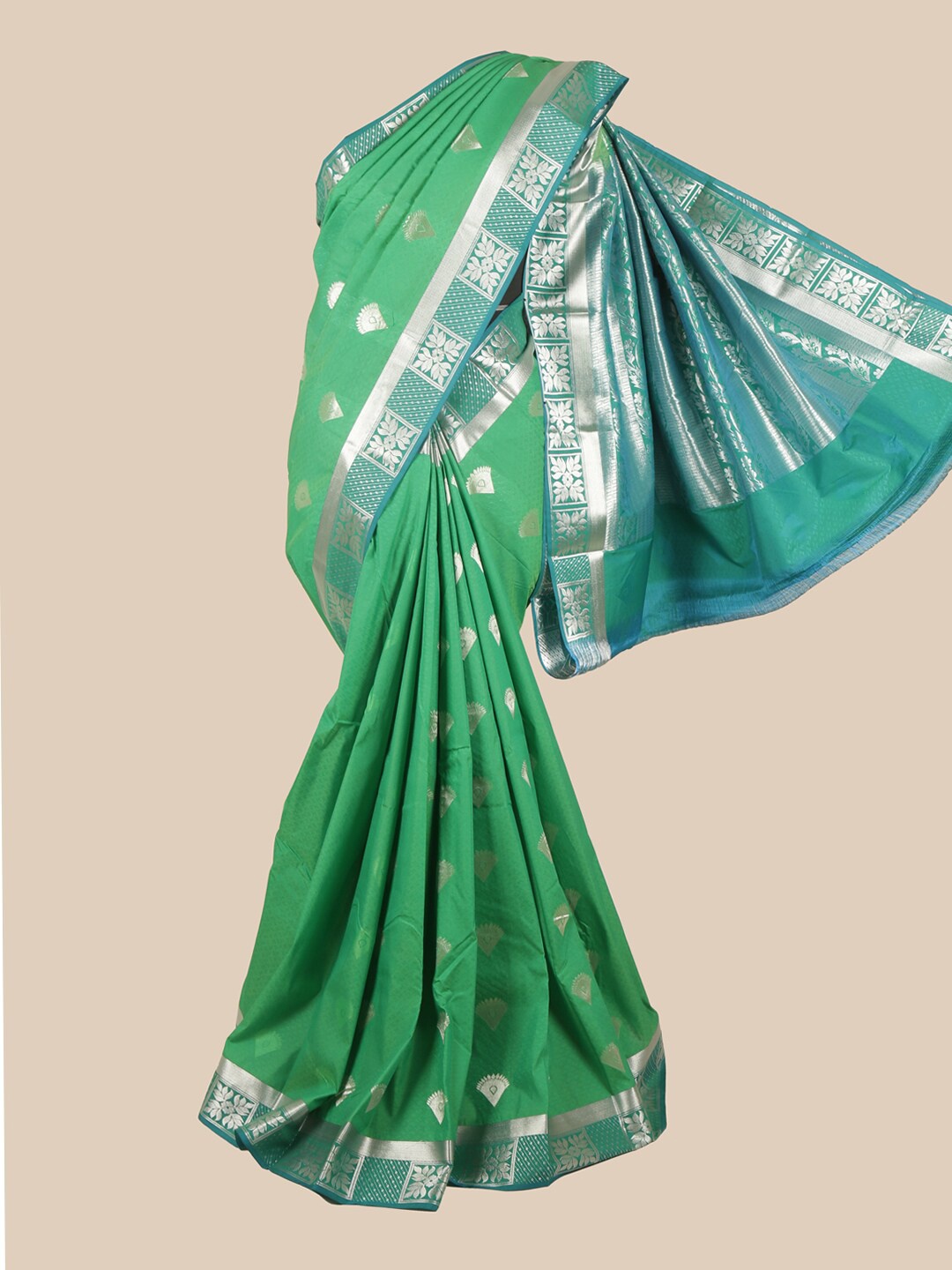 

Pothys Green & Silver-Toned Silk Blend Ethnic Motifs Woven Designed Saree