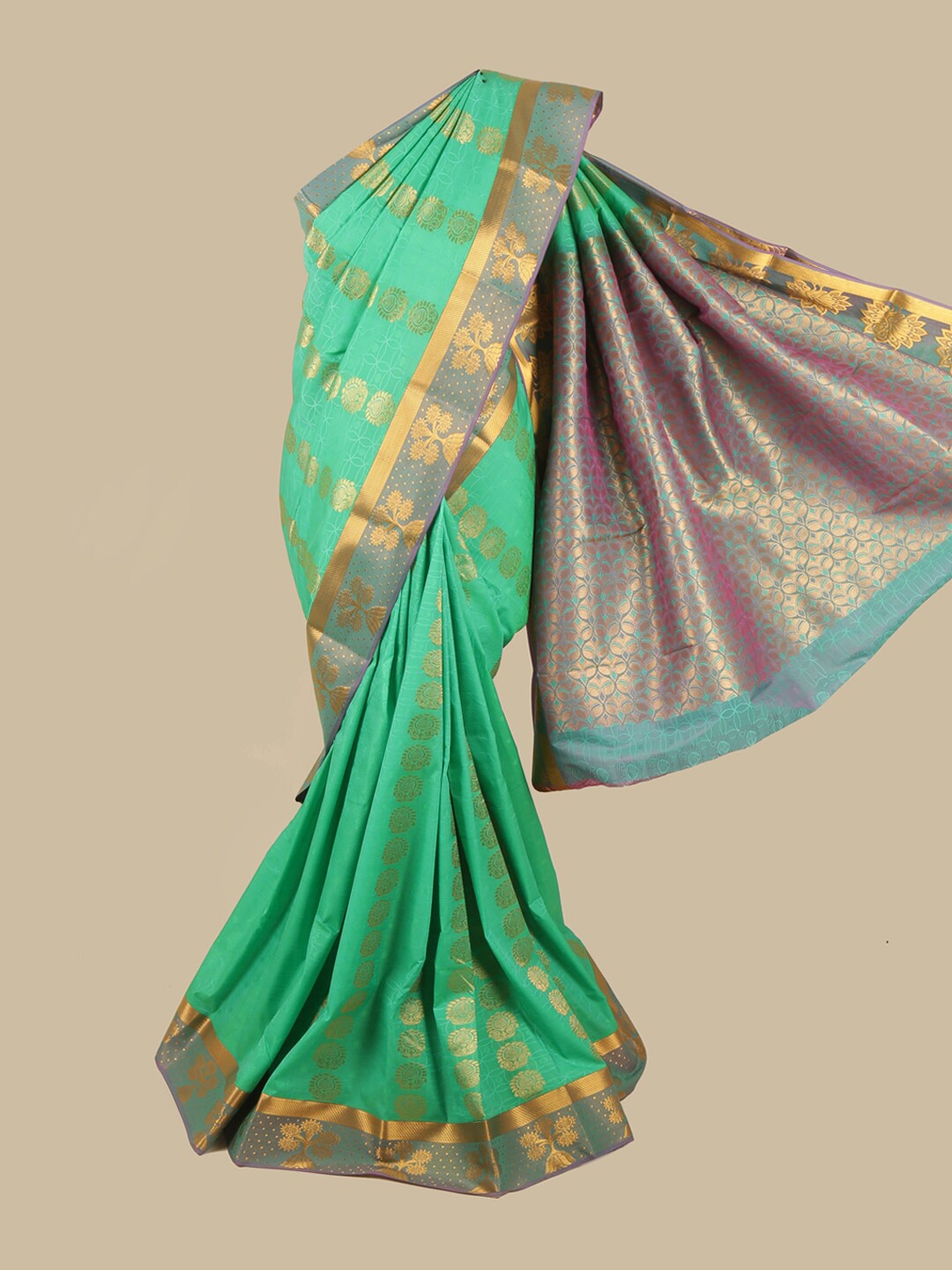 

Pothys Green & Gold-Toned Silk Blend Ethnic Motifs Woven Designed Saree