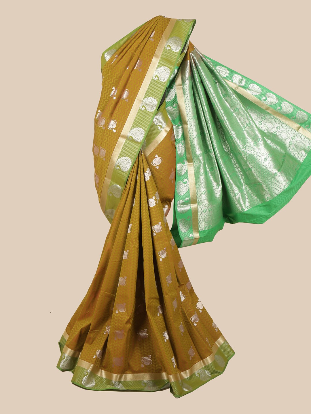 

Pothys Olive Green & Green Silk Blend Ethnic Motifs Woven Designed Saree